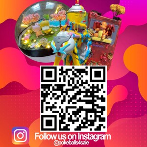 May include: A colorful, abstract background with a black and white QR code in the center. The text "Follow us on Instagram @pokeballs4sale" is below the QR code. The image also features a small, clear dome with a miniature scene inside, a spray paint can, and a red Game Boy.