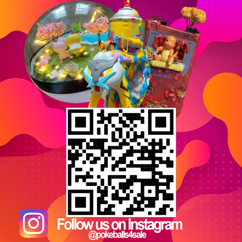 May include: A colorful, abstract background with a black and white QR code in the center. The text "Follow us on Instagram @pokeballs4sale" is below the QR code. The image also features a small, clear dome with a miniature scene inside, a spray paint can, and a red Game Boy.