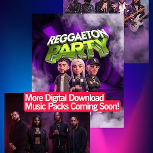 May include: A promotional graphic with a dark blue and purple gradient background. It features three music-themed graphics: "Funky Grooves & Beats," "Reggaeton Party," and "The Ultimate Hip Hop Collection." Text reads "More Digital Download Music Packs Coming Soon!"