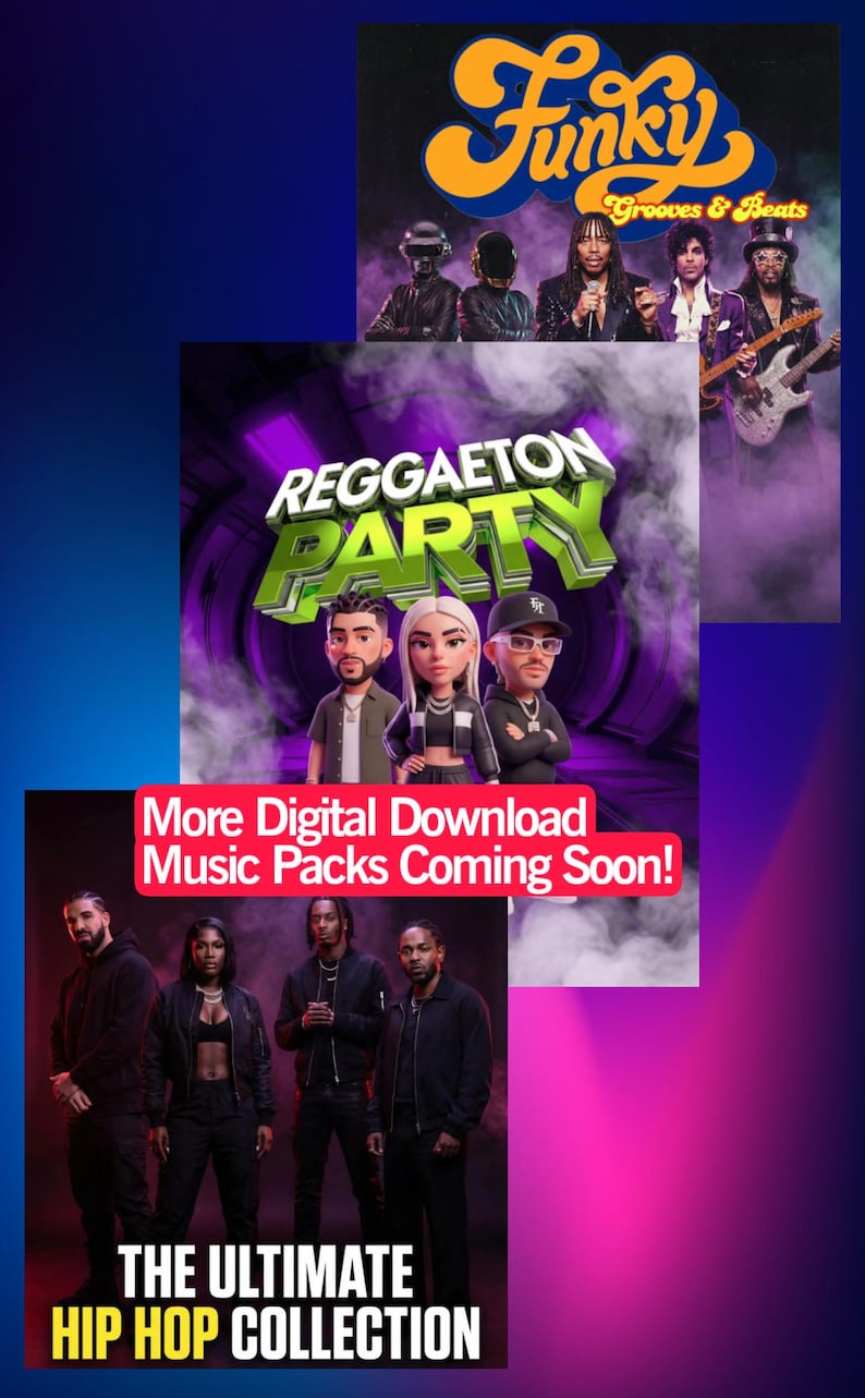 May include: A promotional graphic with a dark blue and purple gradient background. It features three music-themed graphics: "Funky Grooves & Beats," "Reggaeton Party," and "The Ultimate Hip Hop Collection." Text reads "More Digital Download Music Packs Coming Soon!"
