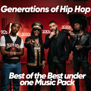 May include: Image featuring four hip-hop artists representing different decades: 90s, 2000s, 2010s, and 2020s. The text "Generations of Hip Hop" is at the top, with "Best of the Best under one Music Pack" at the bottom. The artists are dressed in various styles.