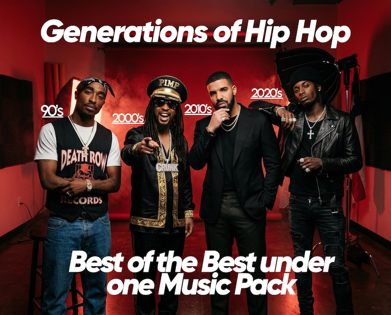 May include: Image featuring four hip-hop artists representing different decades: 90s, 2000s, 2010s, and 2020s. The text "Generations of Hip Hop" is at the top, with "Best of the Best under one Music Pack" at the bottom. The artists are dressed in various styles.