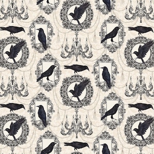 Woven fabric ravens cream chandelier gothic halloween black US patchwork cotton fabric modern forest meterware horror birds crow half meter