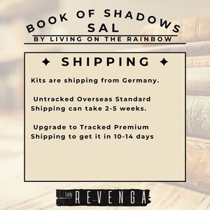 Pode incluir: Um fundo bege com uma caixa branca contendo o texto "BOOK OF SHADOWS SAL BY LIVING ON THE RAINBOW SHIPPING Kits are shipping from Germany. Untracked Overseas Standard Shipping can take 2-5 weeks. Upgrade to Tracked Premium Shipping to get it in 10-14 days Lady REVENGA".