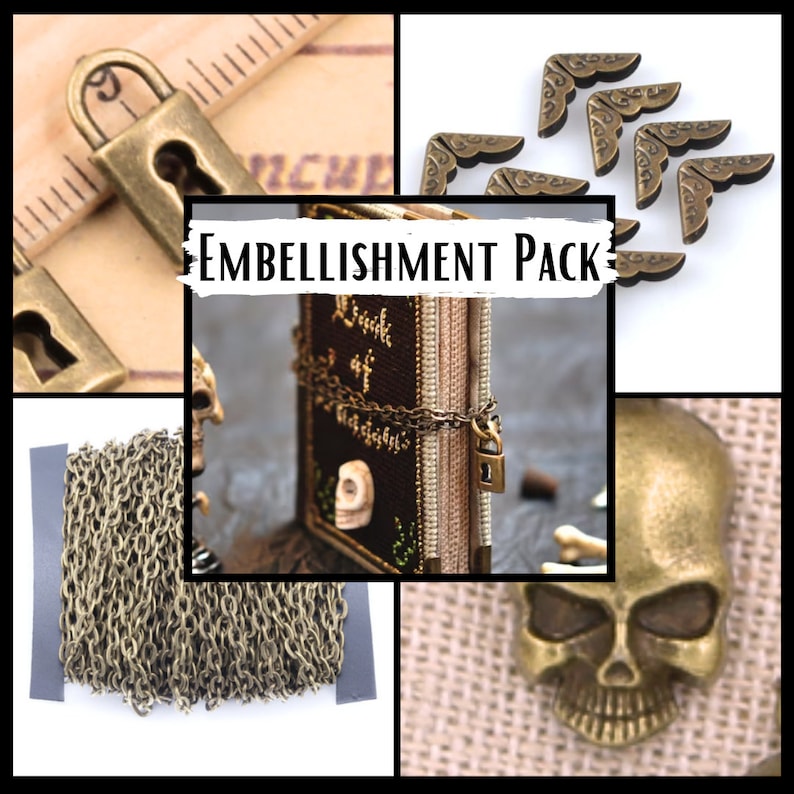 Pode incluir: Um pacote de enfeites de lat&atilde;o antigo para artesanato e fabrica&ccedil;&atilde;o de joias. O pacote inclui uma corrente, duas travas de cadeado, protetores de canto e um amuleto de caveira. O texto "Embellishment Pack" est&aacute; escrito em branco sobre fundo preto.