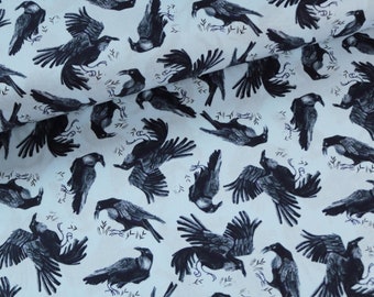 Webware Corvi Cara Stella Tessuto di cotone per abbigliamento Halloween Uccelli Corvi Gotico Strega Animale Blu Mezzo metro