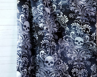 Cotton fabric "Damascus" pattern skull dark ornaments wallpaper fine gothic half meter