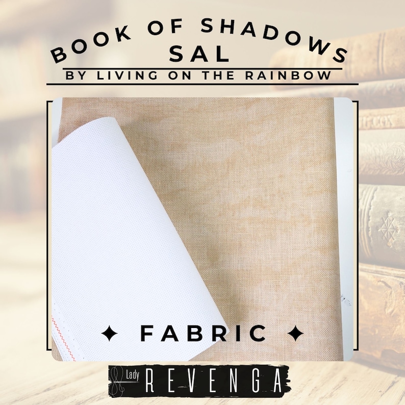 Pode incluir: Um close-up de um tecido de linho bege com um tecido branco dobrado por cima. O texto "Book of Shadows Sal by Living on the Rainbow" est&aacute; no topo da imagem. O texto "Fabric" est&aacute; no centro da imagem. O texto "Lady Revenga" est&aacute; na parte inferior da imagem.