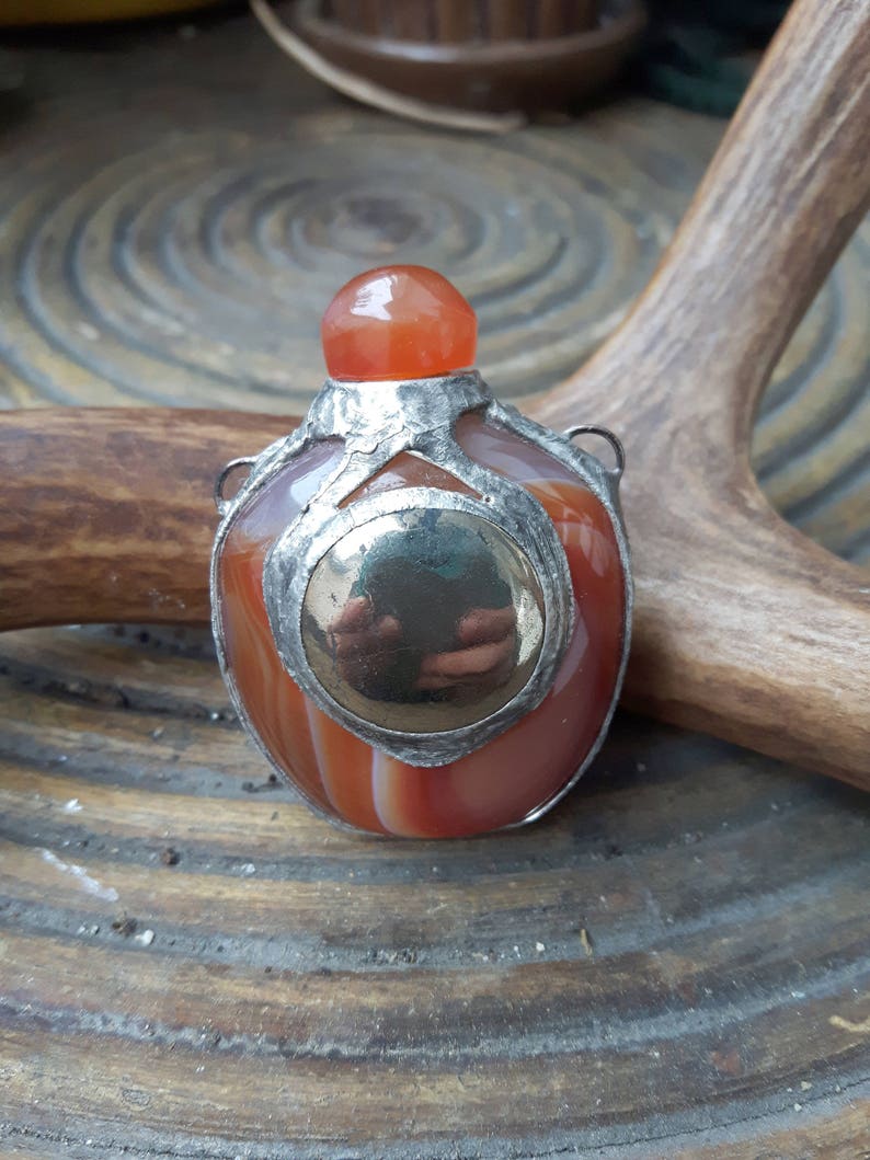 Potion Bottle III Carved Carnelian Agate Potion Bottle /& Pyrite Cabochon Gemstone Pendant Neckace