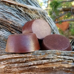 May include: Three round, brown, handmade soap bars on a tree branch. The soap bars are slightly different shades of brown.