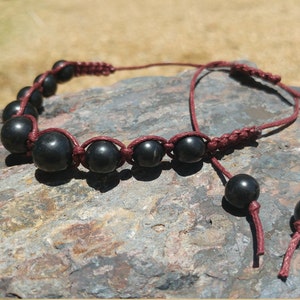 Shungite Bracelet Jewelry - Polished Shungite Beads - Shambhala Macrame Woven - Black or Red Cord - Adjustable Length String - EMF - Healing