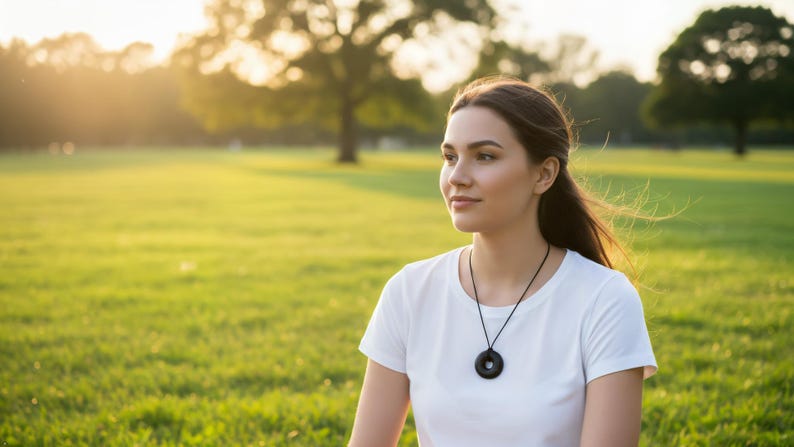 Black Sun Orgonite donut pendant necklace worn outdoors in a natural park setting. Handmade circular orgonite pendant displayed on a black cord necklace. Lifestyle image showing comfortable everyday wear in an outdoor environment.