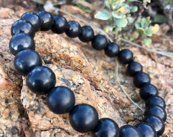 Shungite Bracelet - Round Polished 8mm Beads - Strong Elastic Stretch Band - Protection Jewelry - Authentic Russian Gemstone