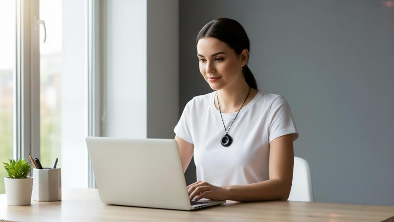 Woman wearing a Black Sun Orgonite donut pendant necklace while working on a laptop. Handmade orgonite jewelry featuring a round donut design and black finish. Lifestyle photo demonstrating everyday wear at home, work, or office environments.
