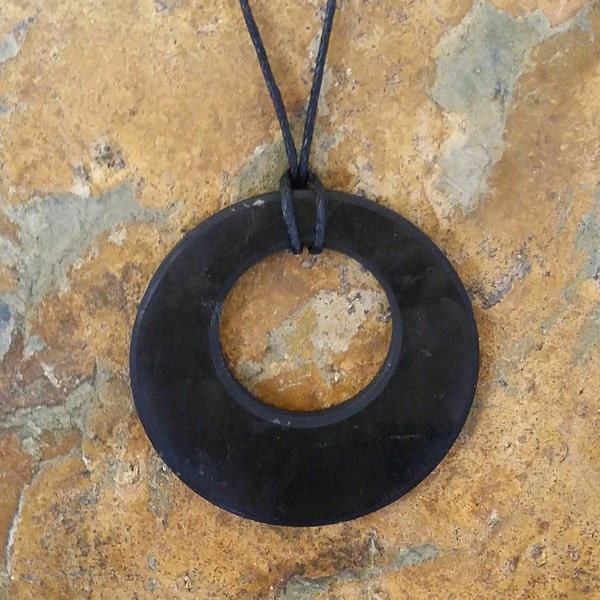 Black Shungite Circle Pendant - 2" Round Eclipse  Necklace -   EMF Protection Jewelry Charm - Mined in Karelin Russia