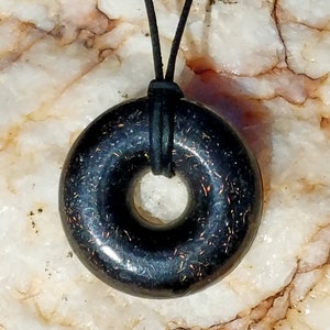 Black Sun Orgonite® Donut Pendant: Crystal Gemstone Necklace, 30&quot; Leather Cord