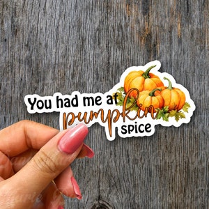 Pegatinas troqueladas de vinilo de 3" con la frase "You Had Me At Pumpkin Spice" para computadora portátil, funda de teléfono y diario. Regalo adicional. Amantes del café de otoño