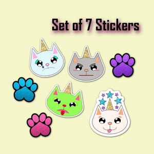 Lot de 7 STICKERS en vinyle UniKitty pour ordinateur portable, coque de téléphone, journal quotidien, papeterie - Excellent cadeau à ajouter - Stickers chat licorne PRÊTS à expédier