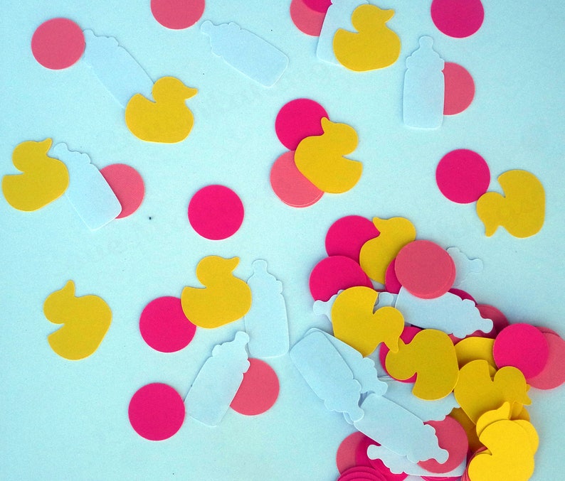 perfect embellishments for invitations and scrapbook Baby Girl Table Confetti with Bottles and Ducks set of 120 pc and READY TO SHIP