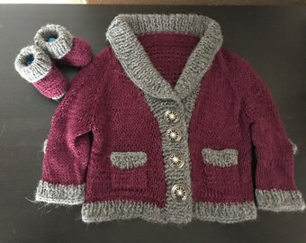 Infant Baby Sweater and Bootie set.  Cashmere and Alpaca. Purple and Gray.  Hand knit.