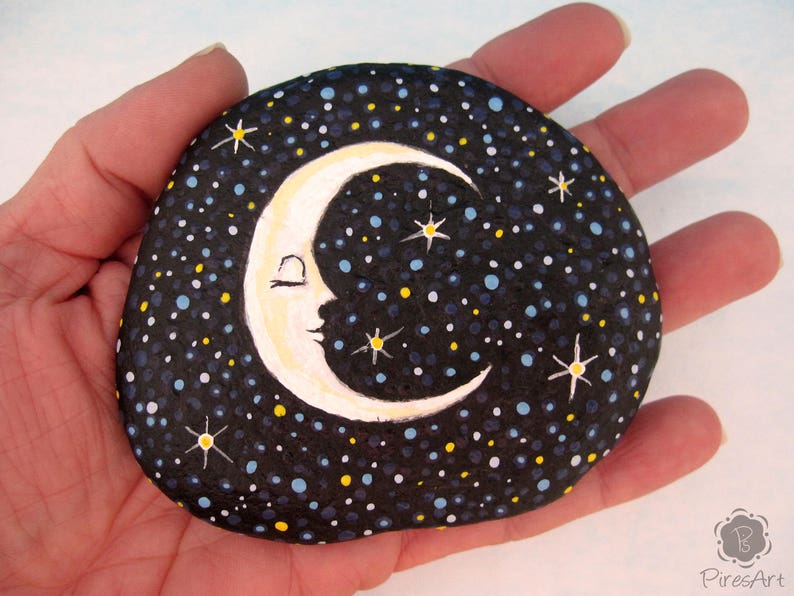 Moon painted on rock starry night painting paperweight rock Etsy