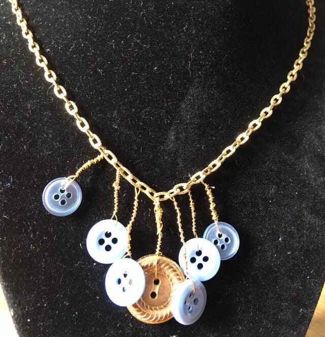 Vintage recycled button necklace blue gold metallic chain | Etsy