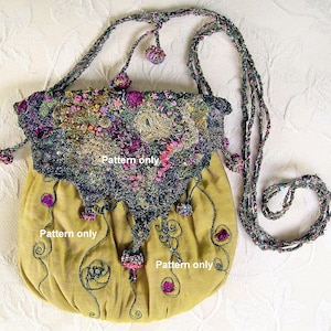 May include: A mustard yellow fabric bag with a crocheted strap and beaded embellishments. The bag has a floral design embroidered on the front and the words "Pattern only" are written on the bag.