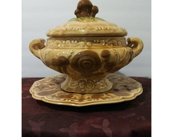 Vintage Handmade Ceramic Mushroom Soup Tureen with Underplate!