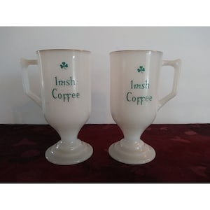 Vintage Federal Glass Milk Glass Irish Coffee Mugs Pedestal Shamrock Gold Rim Set of 2