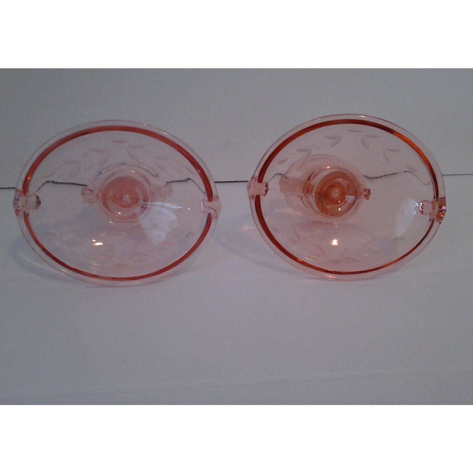 Pink Depression Glass Candle Holders With Etched Florals  Unique Vintage Pink Depression Glass Etched Candle Holders (Set of 2) main image 1