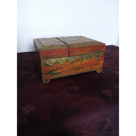 Antique Asian Wooden Brass Jewelry Make Up Box - image 5