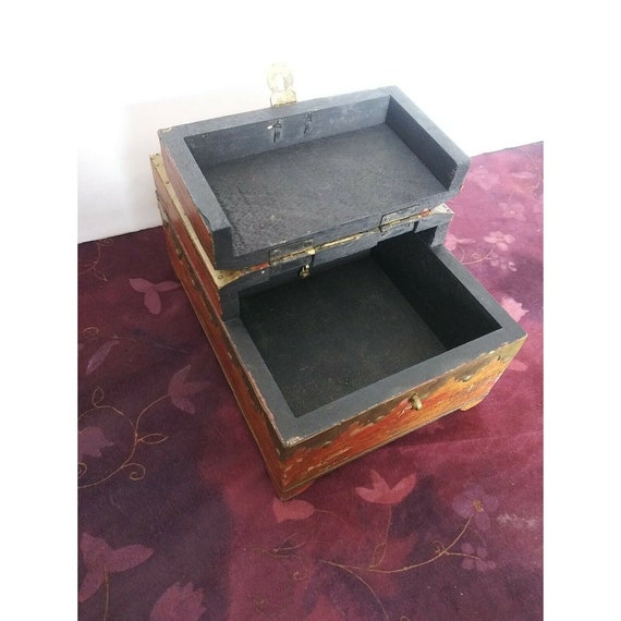 Antique Asian Wooden Brass Jewelry Make Up Box - image 8