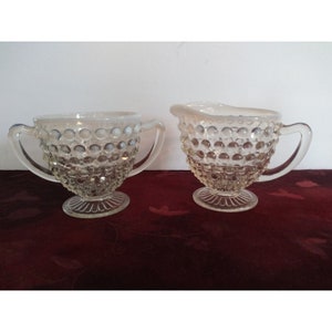 Vintage Fenton Hobnail Clear Opalescent Moonstone Creamer y Sugar Bowl