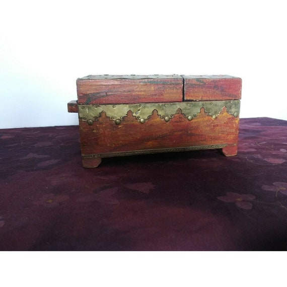 Antique Asian Wooden Brass Jewelry Make Up Box - image 3