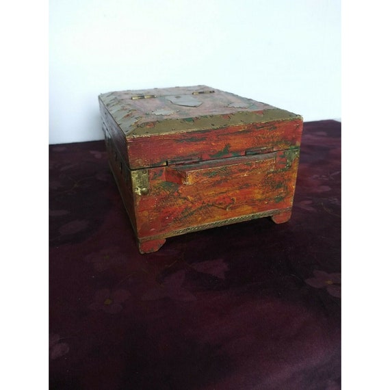 Antique Asian Wooden Brass Jewelry Make Up Box - image 4