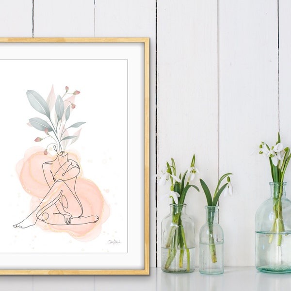 Botanical Female Form Line Art, Gallery Wall, Phone Background, Printable Art, Wild Flower, Modern Bohemian Home Decor, Neutral,Simple Plant