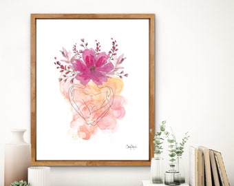 Pink Floral Female Form Line Art, Rose Watercolor, Phone Background, Printable Art, Wild Flower, Modern Bohemian Home Decor, Fluid Ink