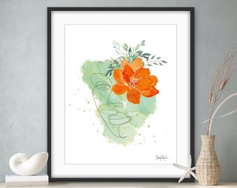 Tropical Flower Watercolor Portrait, Green Alcohol Ink, Line Drawing Portrait,  Printable Art, Phone Backhround, Modern Bohemian Home Decor