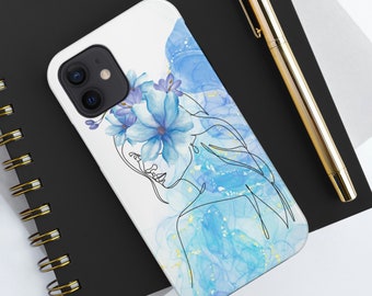 Blue Watercolor iPhone Case Watercolor Line Art Portrait Durable Handmade Art Flowers, Plants, Feminine, Tough