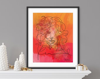 Red and Orange Watercolor & Alcohol Ink  Line Art Portrait, Bohemian Vibrant  Digital Download, Jewel Toned Printable Download, Empowerment