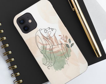 Nature iPhone Case Watercolor Line Art Portrait Durable Handmade Art Botanical, Plants, Feminine, Tough