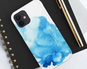Blue Watercolor iPhone Case Watercolor Line Art Portrait Durable Handmade Art, Plant, Feminine, Tough