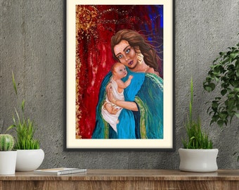 Mother and Child Oil Painting Portrait, Madonna, Gold Leaf, Colorful Jewel Tone, Phone Background, Printable Art, Modern Bohemian Home Decor