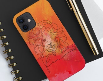 Red Gold Watercolor iPhone Case Watercolor Line Art Portrait Durable Handmade Art, Love, Feminine, Tough