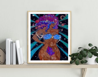 Dreamy Mystical, Watercolor Portrait, Colorful Galaxy Wall Art, Printable, Phone Background, Modern Bohemian Home Decor