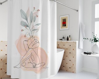 Neutral Botanical Line Art Watercolor Painting Shower Curtain Nature Feminine Beige Sage Green Simple