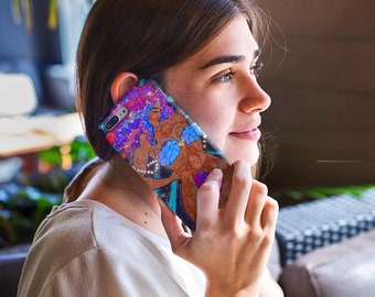 Galaxy Goddess Phone Case With Card Holder Mystical Universe Divine Feminine Handmade Art Sensual  Vibbrant Ink Painting