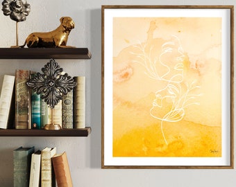 Golden Watercolor Matte Print Poster Line Art Minimalist Design bright Yellow Alcohol Ink Wall Art Bohemian Modern Decor Ink Handmade