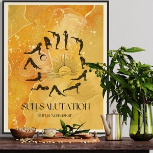 May include: A digital illustration of the sun salutation yoga poses, also known as Surya Namaskar, on a yellow and orange watercolor background. The text "SUN SALUTATION" and "Surya Namaskar" is printed below the poses.