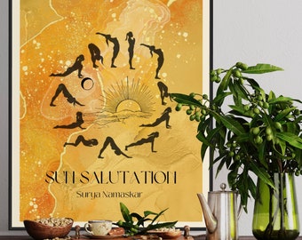 Sun Salutation Gold Alcohol Ink Art Piece & Visual Guide Reference, Yoga Asanas Bohemian Modern,  Meditation Studio, Morning Routine Decor